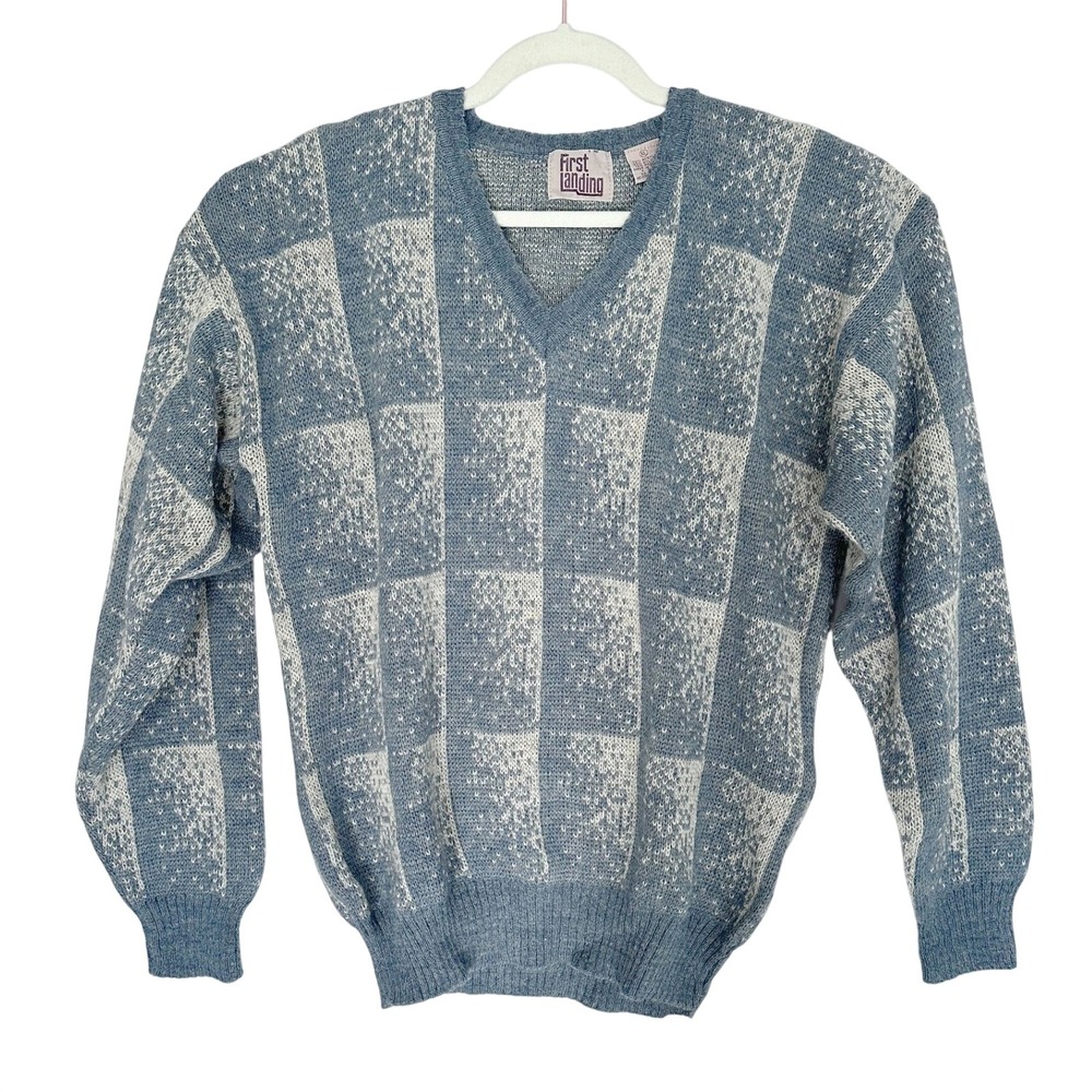 Vintage First Landing Mens XL Blue Checkerboard V-Neck Wool Blend Knit Sweater